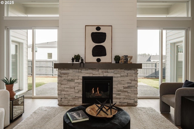 living area with a fireplace and wood finished floors