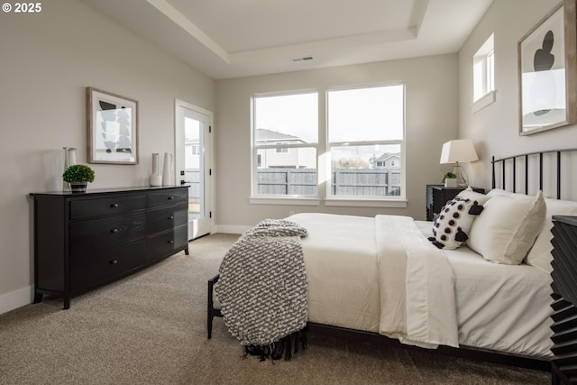 bedroom featuring a raised ceiling, light colored carpet, and baseboards