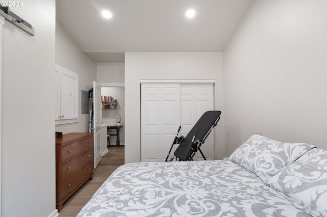 bedroom with hardwood / wood-style floors and a closet