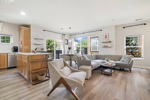 living room with a wealth of natural light and light hardwood / wood-style floors