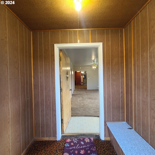 interior space with carpet flooring, wooden walls, and a textured ceiling