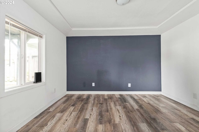 unfurnished room featuring dark hardwood / wood-style flooring and a tray ceiling