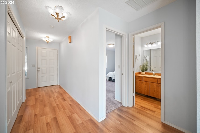 corridor featuring a textured ceiling, light hardwood / wood-style floors, and sink