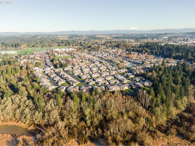 drone / aerial view featuring a mountain view