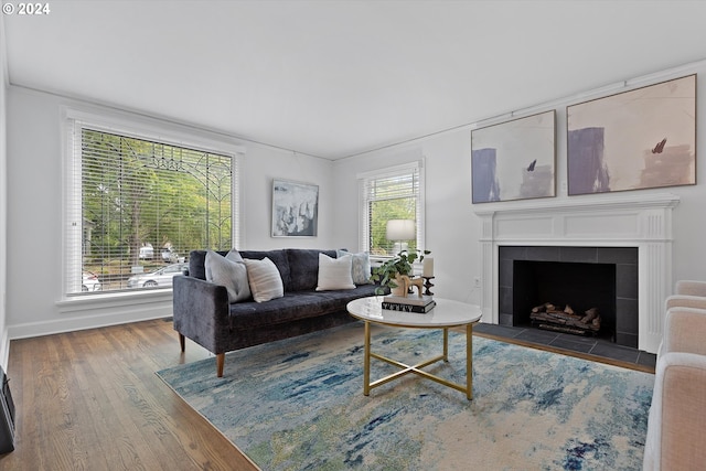 living room featuring a wealth of natural light, a fireplace, and hardwood / wood-style floors