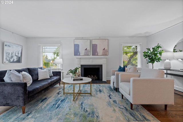 living room featuring a wealth of natural light, dark hardwood / wood-style floors, and a tile fireplace