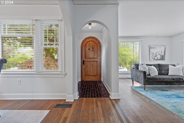 entryway with wood-type flooring, ornamental molding, and plenty of natural light