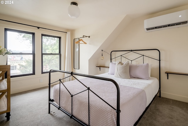 carpeted bedroom featuring a wall mounted AC and multiple windows