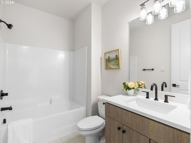 full bathroom featuring bathtub / shower combination, toilet, vanity, and tile floors