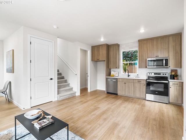 kitchen featuring light hardwood / wood-style flooring, appliances with stainless steel finishes, tasteful backsplash, and sink