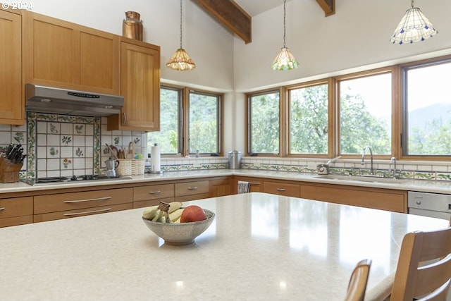 17252 N Applegate Rd, Grants Pass, OR 97527 - kitchen featuring under cabinet range hood, a sink, decorative backsplash, and pendant lighting