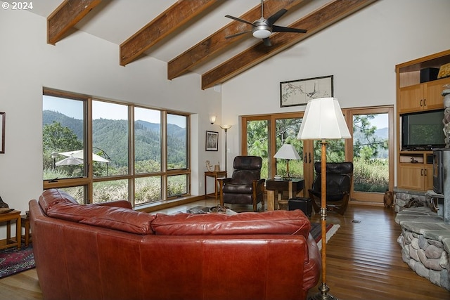 17252 N Applegate Rd, Grants Pass, OR 97527 - living room with beam ceiling, high vaulted ceiling, dark wood-style flooring, a mountain view, and ceiling fan