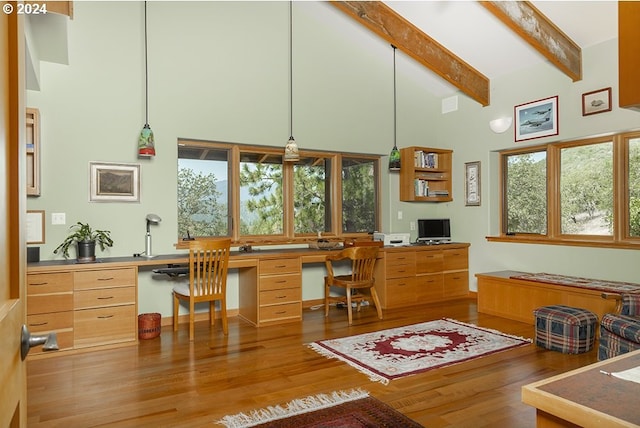 17252 N Applegate Rd, Grants Pass, OR 97527 - office area with high vaulted ceiling, wood finished floors, beam ceiling, and built in desk