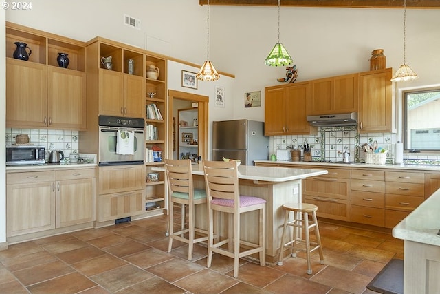 17252 N Applegate Rd, Grants Pass, OR 97527 - kitchen with open shelves, appliances with stainless steel finishes, high vaulted ceiling, under cabinet range hood, and backsplash