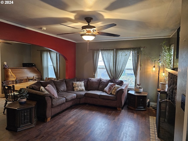 living room featuring dark wood-type flooring, ornamental molding, and ceiling fan