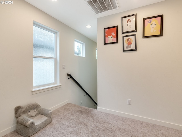 stairs featuring carpet flooring