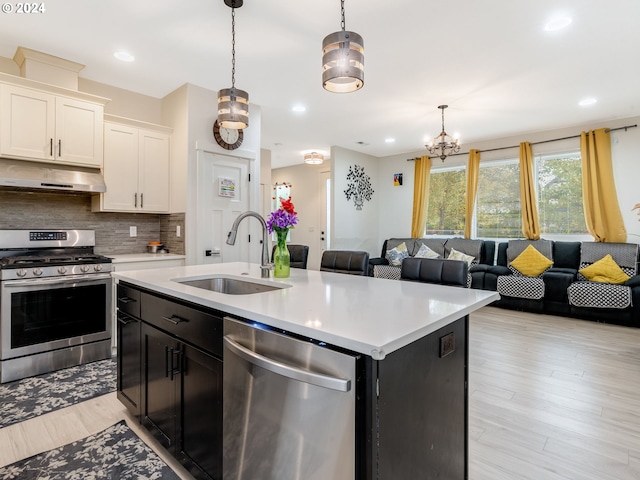 kitchen featuring light wood-type flooring, pendant lighting, a center island with sink, sink, and appliances with stainless steel finishes