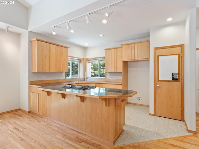 kitchen with light brown cabinetry, light hardwood / wood-style flooring, and a kitchen breakfast bar