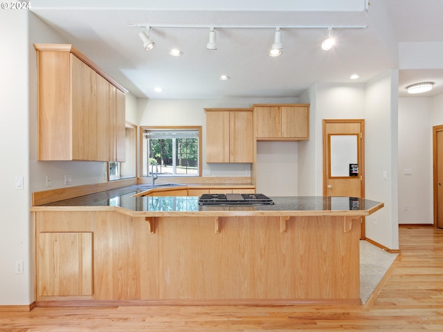 kitchen featuring light hardwood / wood-style flooring, kitchen peninsula, a kitchen breakfast bar, and light brown cabinets