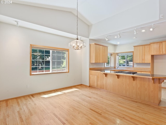 kitchen with lofted ceiling, light brown cabinets, and kitchen peninsula