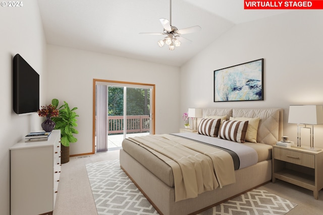 carpeted bedroom with lofted ceiling, ceiling fan, and access to outside