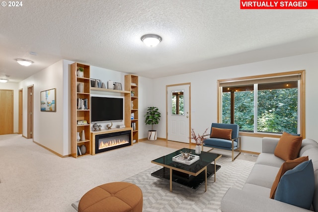 carpeted living room with a textured ceiling