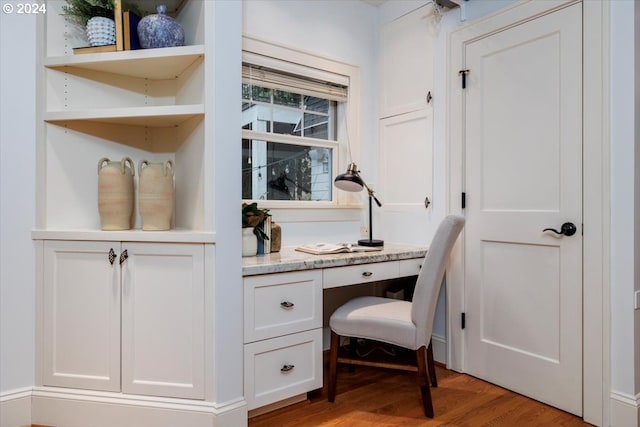 office space with light hardwood / wood-style floors and built in desk