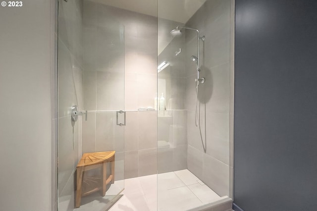 bathroom featuring a shower with door