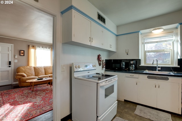 kitchen featuring dark tile patterned flooring, white cabinetry, sink, and white range with electric stovetop