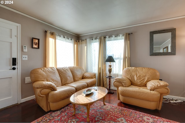 living room with a healthy amount of sunlight, crown molding, and dark hardwood / wood-style floors