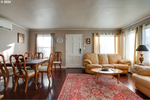 interior space featuring a wall mounted AC, crown molding, and dark hardwood / wood-style flooring