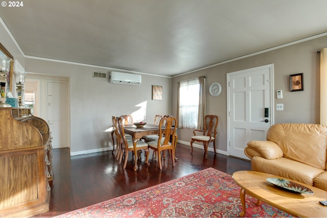 dining area featuring ornamental molding, dark hardwood / wood-style floors, and a wall mounted air conditioner