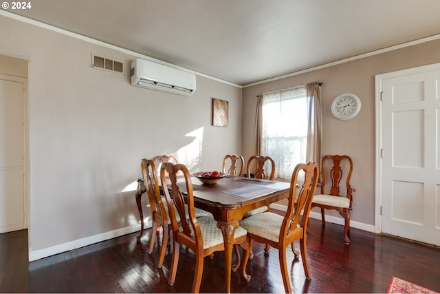 dining room featuring ornamental molding, dark wood-type flooring, and a wall mounted AC