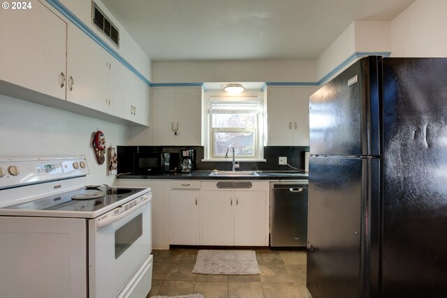 kitchen with black appliances, sink, and white cabinets