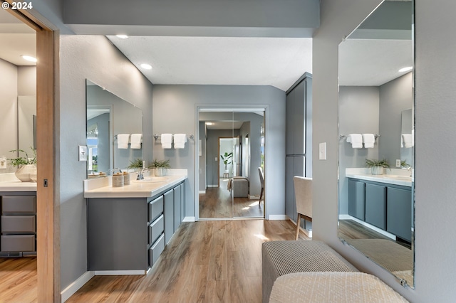 bathroom with vanity and hardwood / wood-style floors