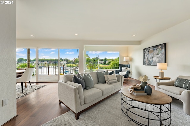 living room with hardwood / wood-style floors, a healthy amount of sunlight, and a water view