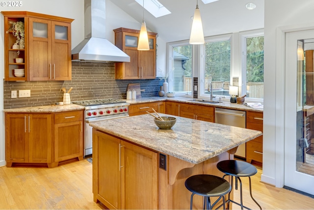 kitchen featuring custom exhaust hood, stainless steel appliances, vaulted ceiling with skylight, a kitchen island, and sink