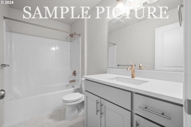 full bathroom featuring shower / tub combination, vanity, and toilet