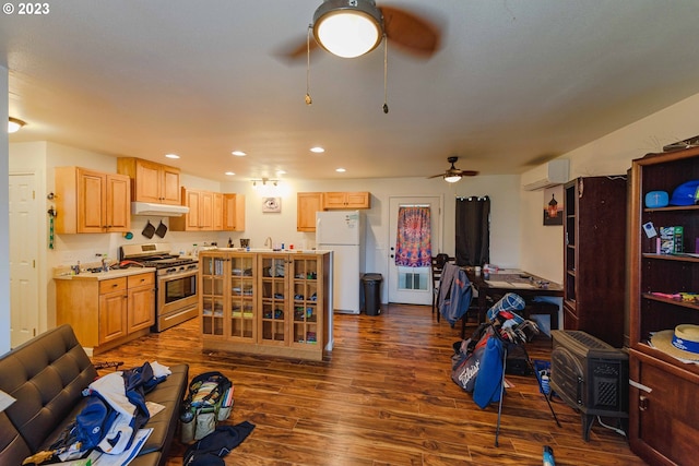 living room with an AC wall unit, dark wood-type flooring, ceiling fan, and sink