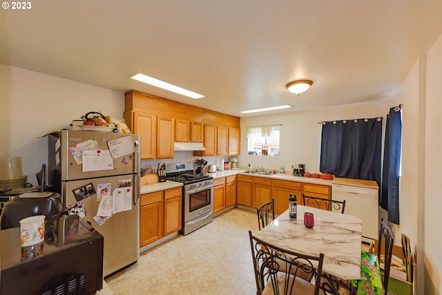 kitchen with light carpet, stainless steel appliances, and sink