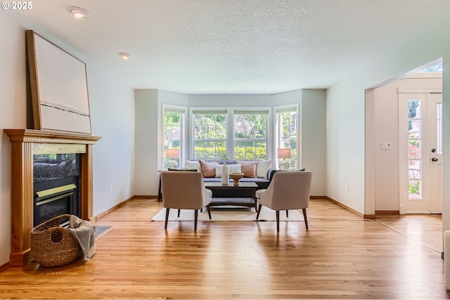 16675 SW Heceta Ct, Beaverton, OR 97007 - living room with light wood-type flooring, baseboards, a high end fireplace, and a textured ceiling