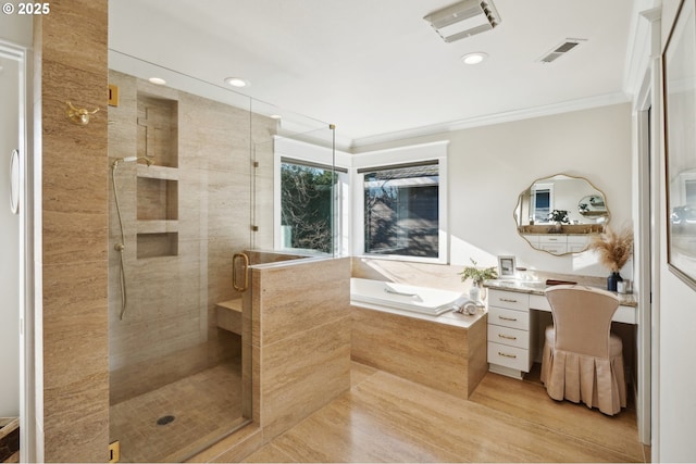 bathroom featuring ornamental molding and shower with separate bathtub