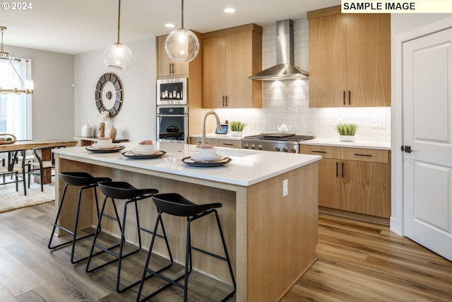 kitchen with appliances with stainless steel finishes, an island with sink, light wood-type flooring, wall chimney range hood, and tasteful backsplash