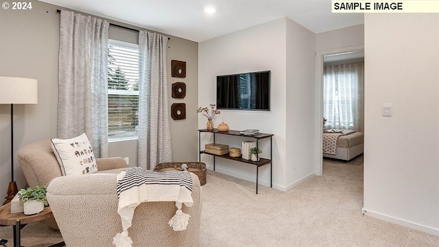 sitting room featuring light colored carpet