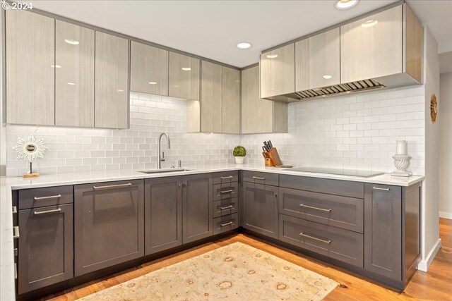 kitchen featuring light hardwood / wood-style flooring, black electric cooktop, sink, and backsplash