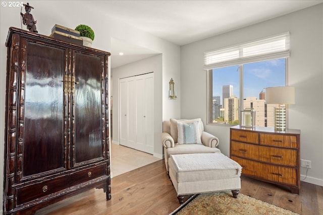 sitting room with plenty of natural light and light hardwood / wood-style floors