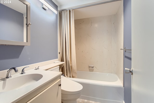 full bathroom with shower / tub combo, vanity, and toilet