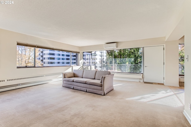 carpeted living room featuring a wall mounted AC and a wealth of natural light