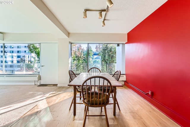 dining area with track lighting, light hardwood / wood-style floors, and a textured ceiling