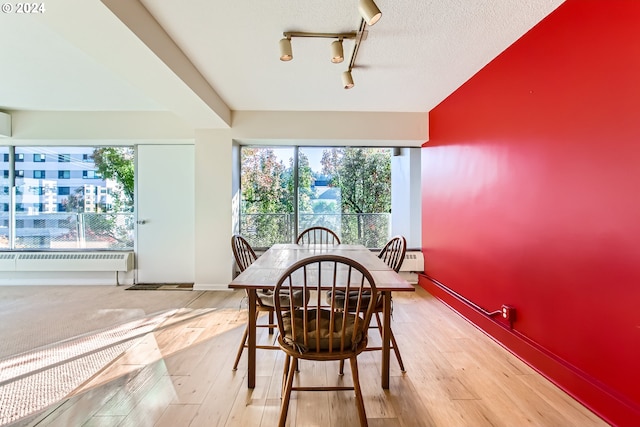 2323 SW Park Pl Unit 302, Portland, OR 97205 - dining area featuring radiator, rail lighting, light wood-style floors, and baseboards